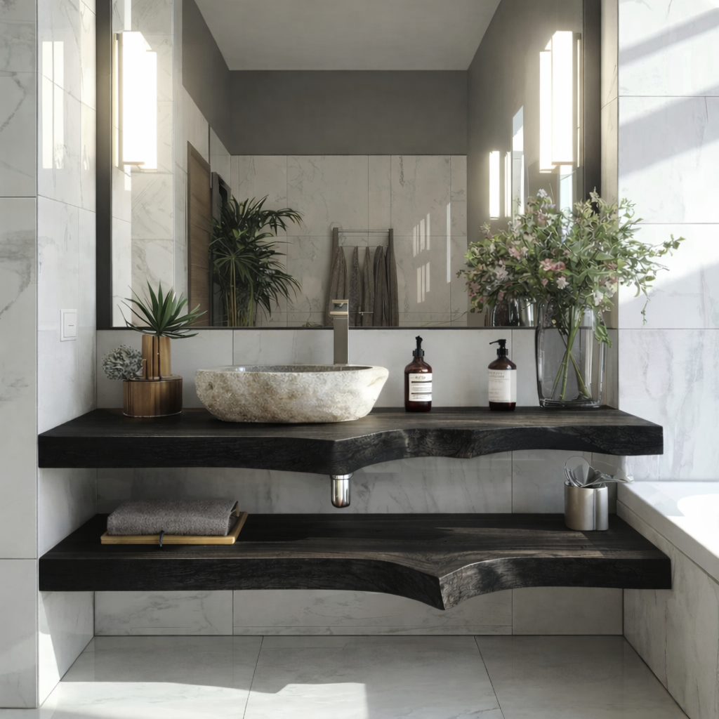 Floating Live Edge Solid Wood Bathroom Vanity with Dual Shelves – Modern Natural Wood Wall Mounted Vanity