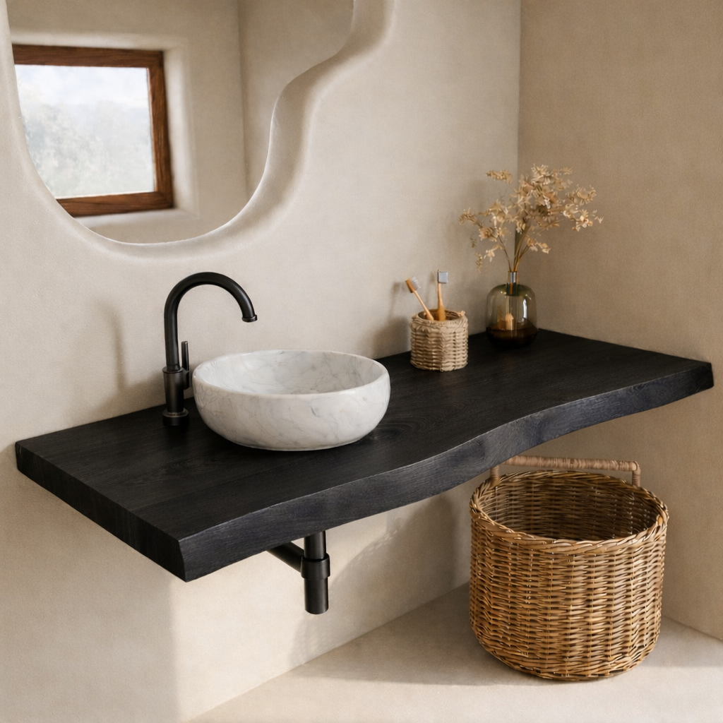 Floating Live Edge Solid Wood Bathroom Vanity Top – Rustic Wall Mounted Wood Countertop Shelf