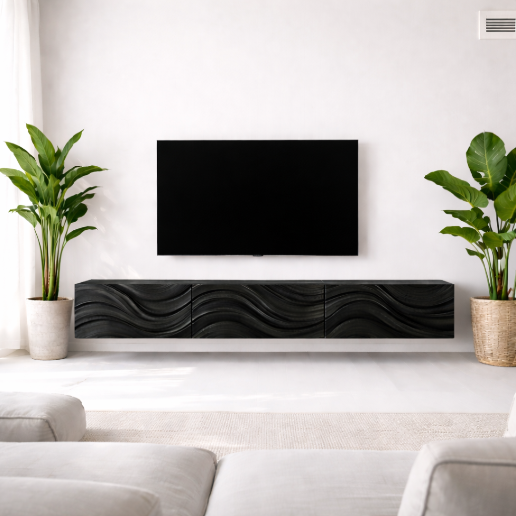 Floating Solid Wood TV Stand with Carved Wave Front – Modern Walnut Media Console