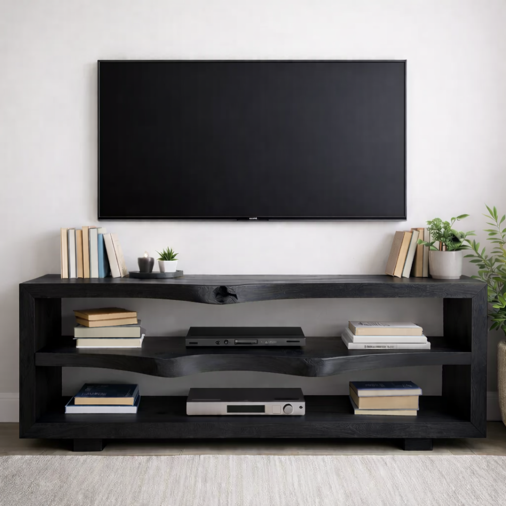 Rustic Solid Wood TV Stand with Open Shelves for Modern Living Rooms
