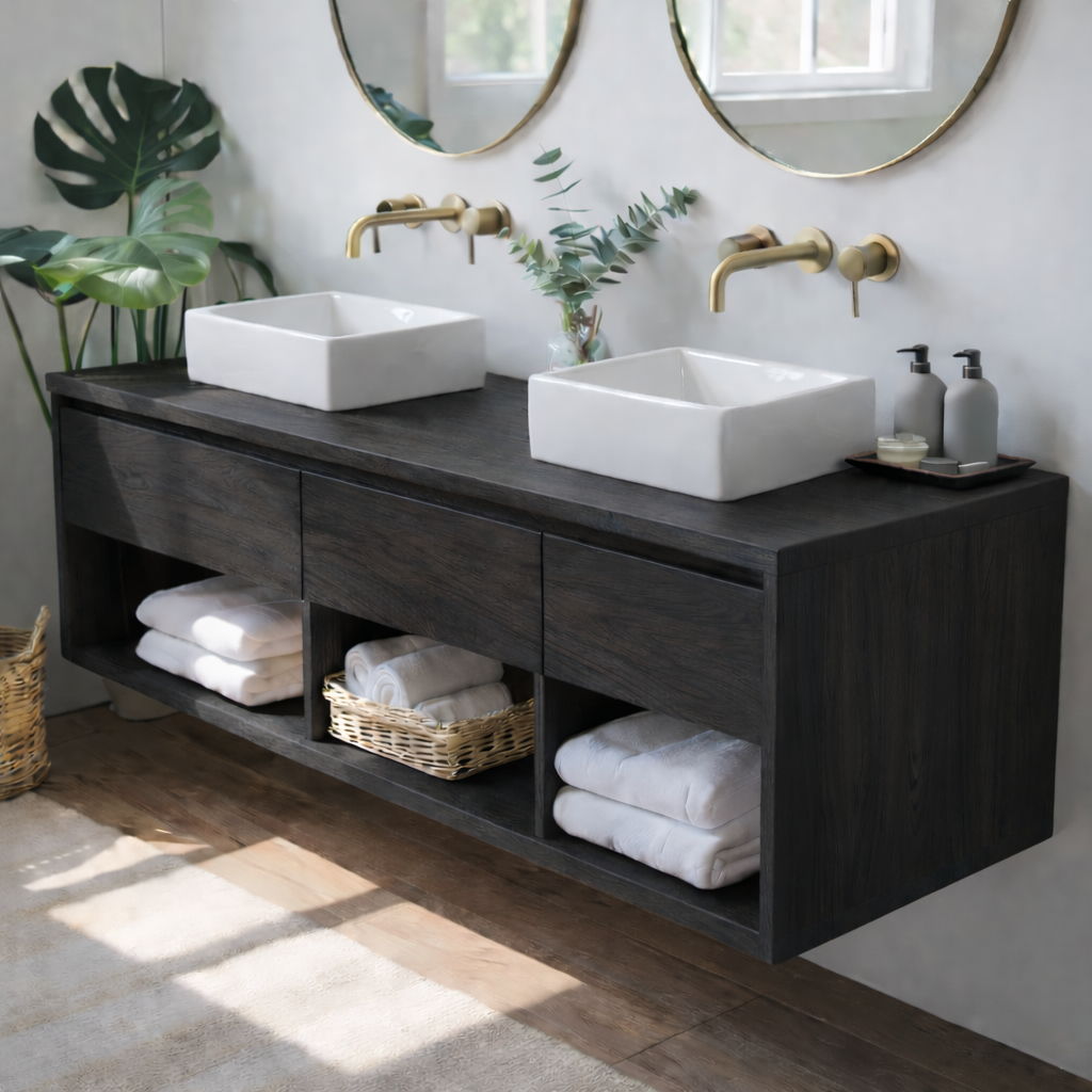 Floating Solid Wood Double Bathroom Vanity Cabinet with Open Cubby Shelves – Modern Organic Wall Mounted Design