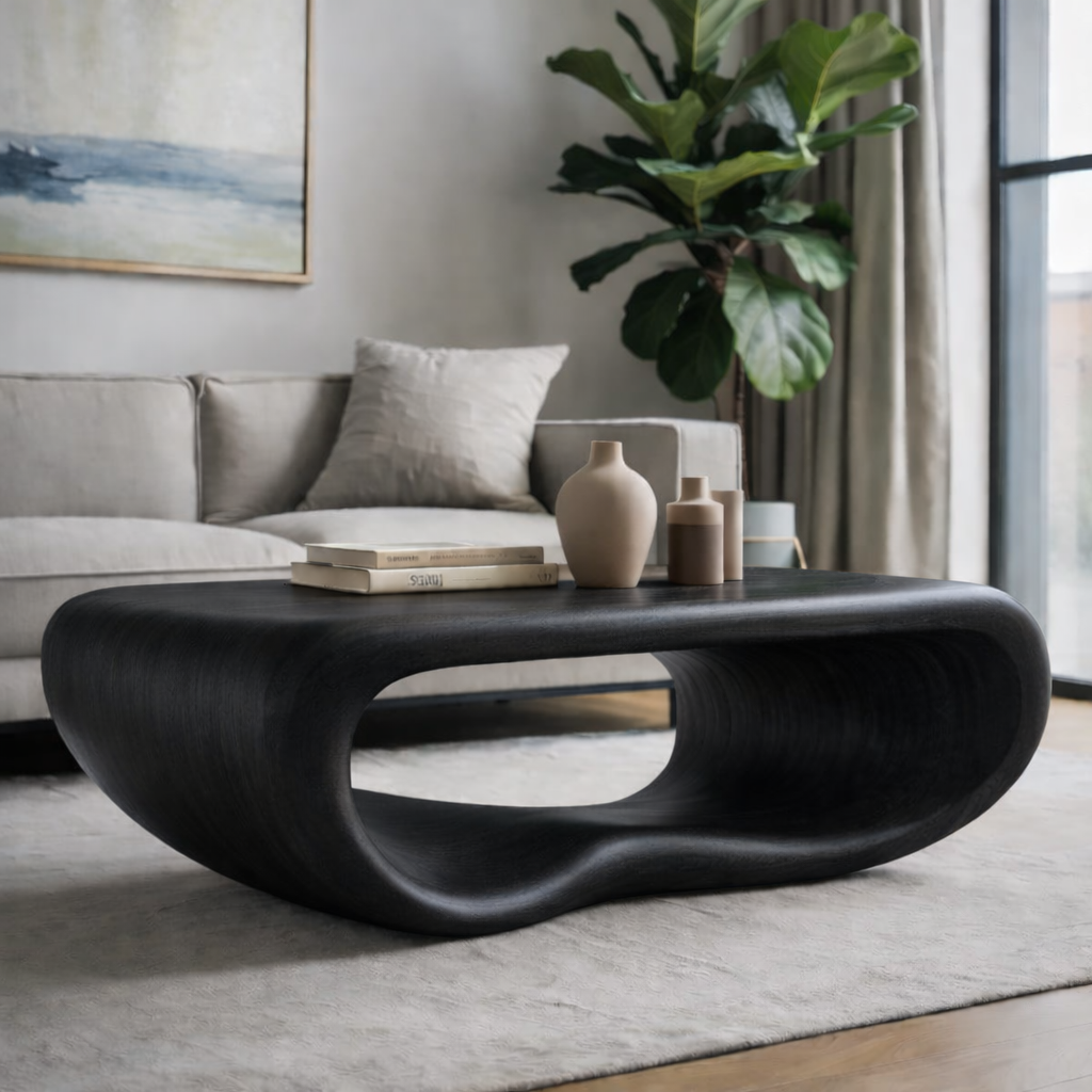 Modern Solid Wood Coffee Table with Sculptural Curved Design Minimalist Living Room Table
