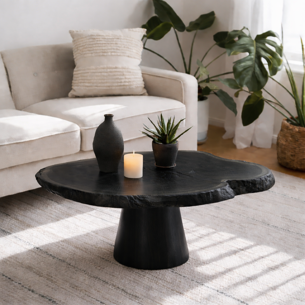 Live Edge Solid Wood Coffee Table for Living Room with Pedestal Base
