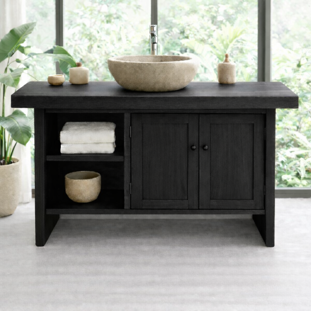 Solid Wood Bathroom Vanity Cabinet with Double Doors and Open Shelf – Rustic Modern Freestanding Vanity Base