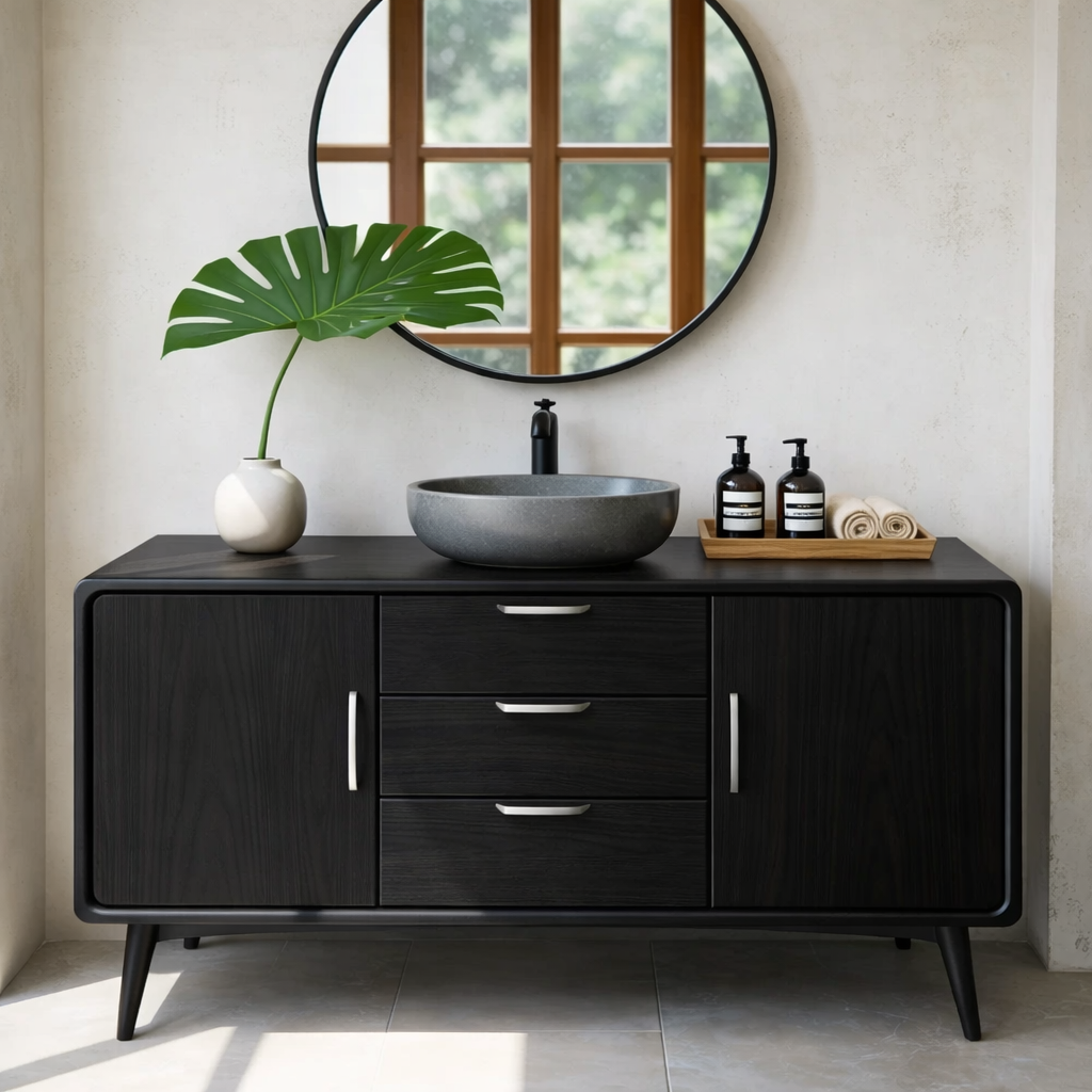 Mid Century Solid Wood Bathroom Vanity with Drawer Storage and Cabinet Doors