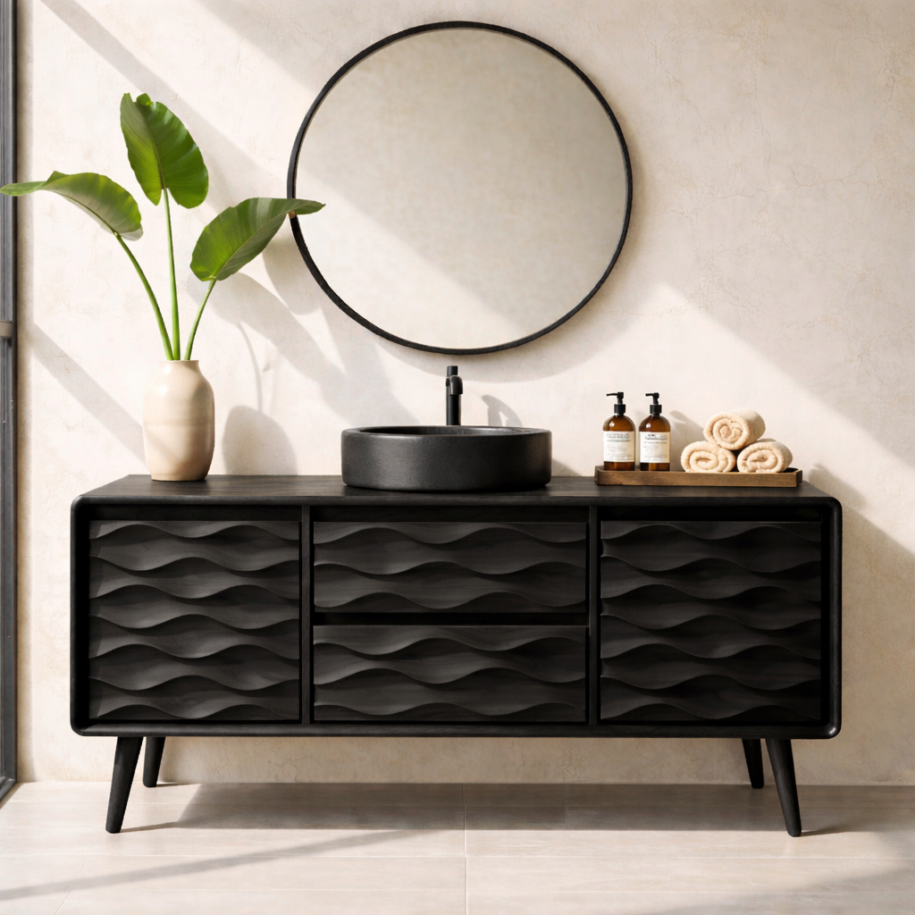 Solid Wood Bathroom Vanity with Layered Wavy Front Panels and Storage Drawers