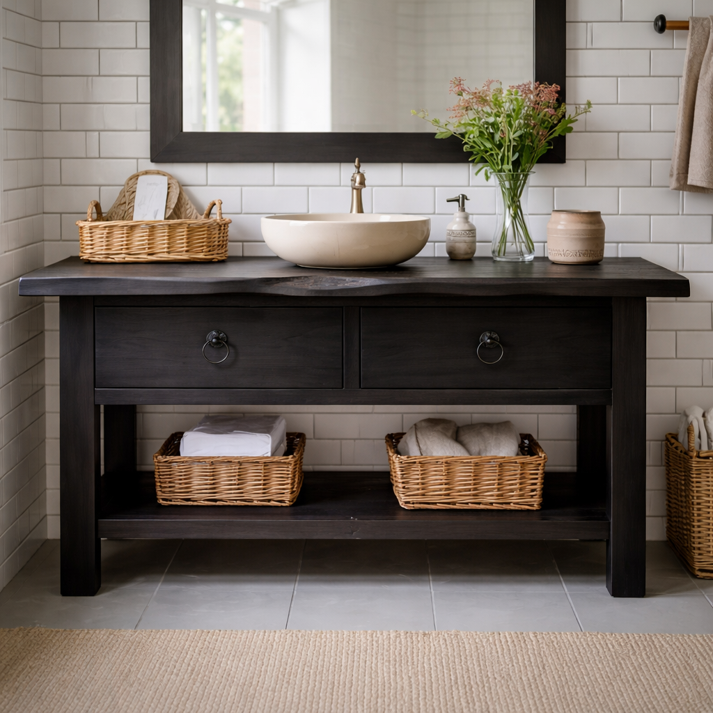 Solid Wood Bathroom Vanity with Open Shelf Storage and Double Drawer Design