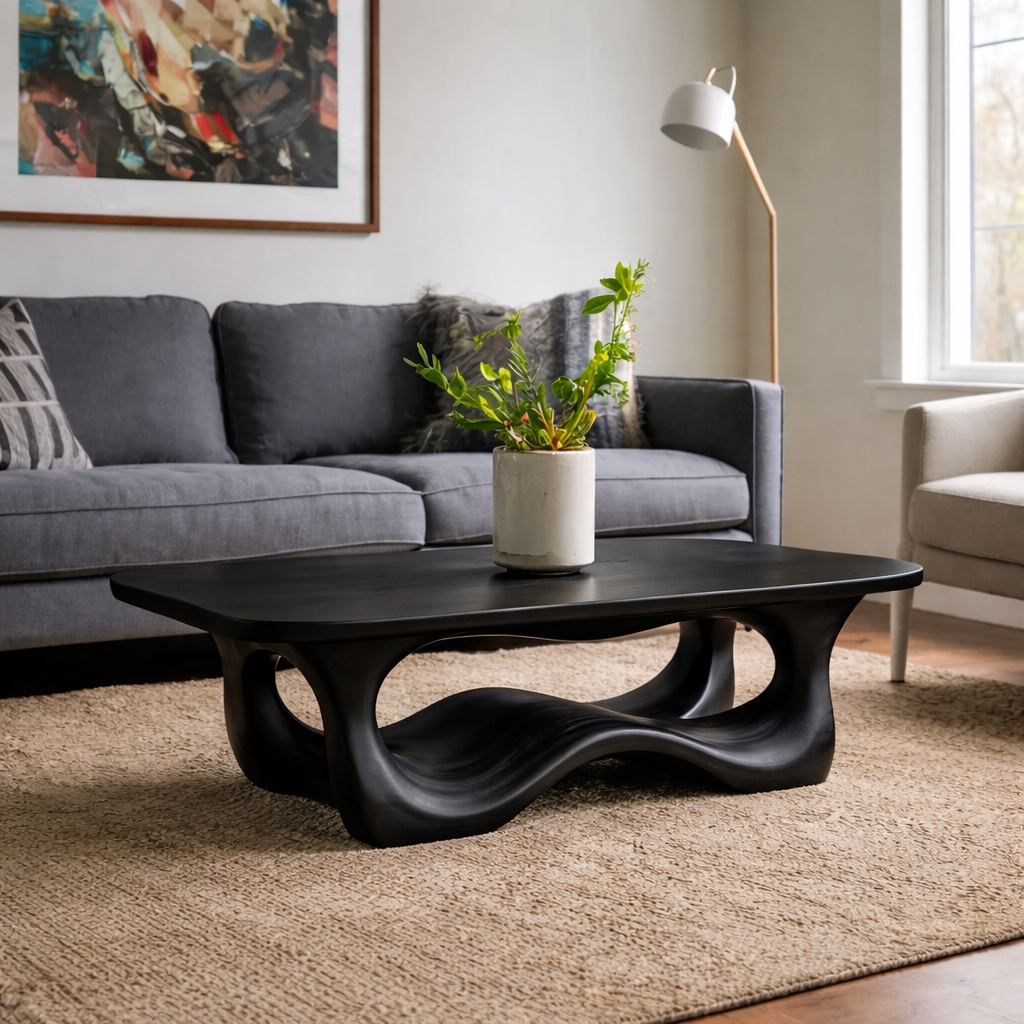 Solid Wood Coffee Table with Sculptural Base and Organic Curved Design