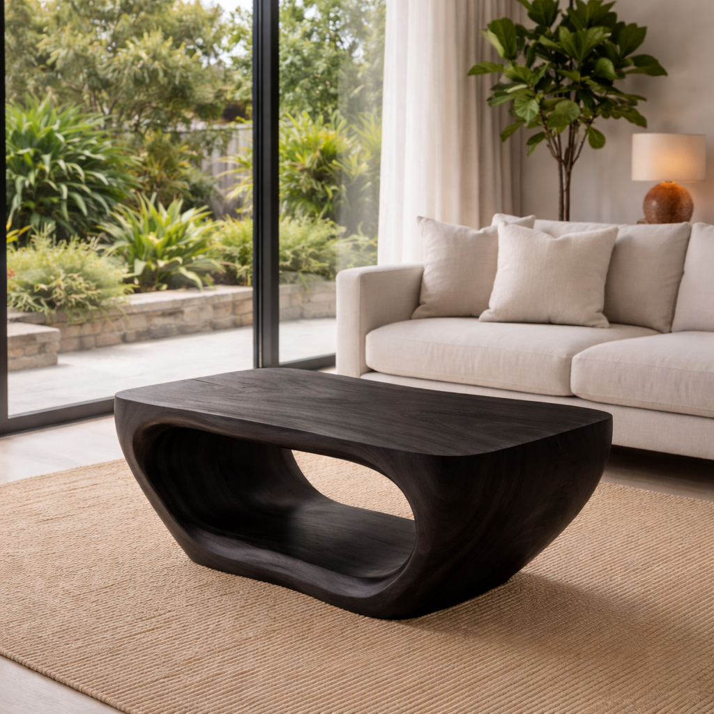 Solid Wood Coffee Table with Sculptural Hollow Base and Smooth Curved Design
