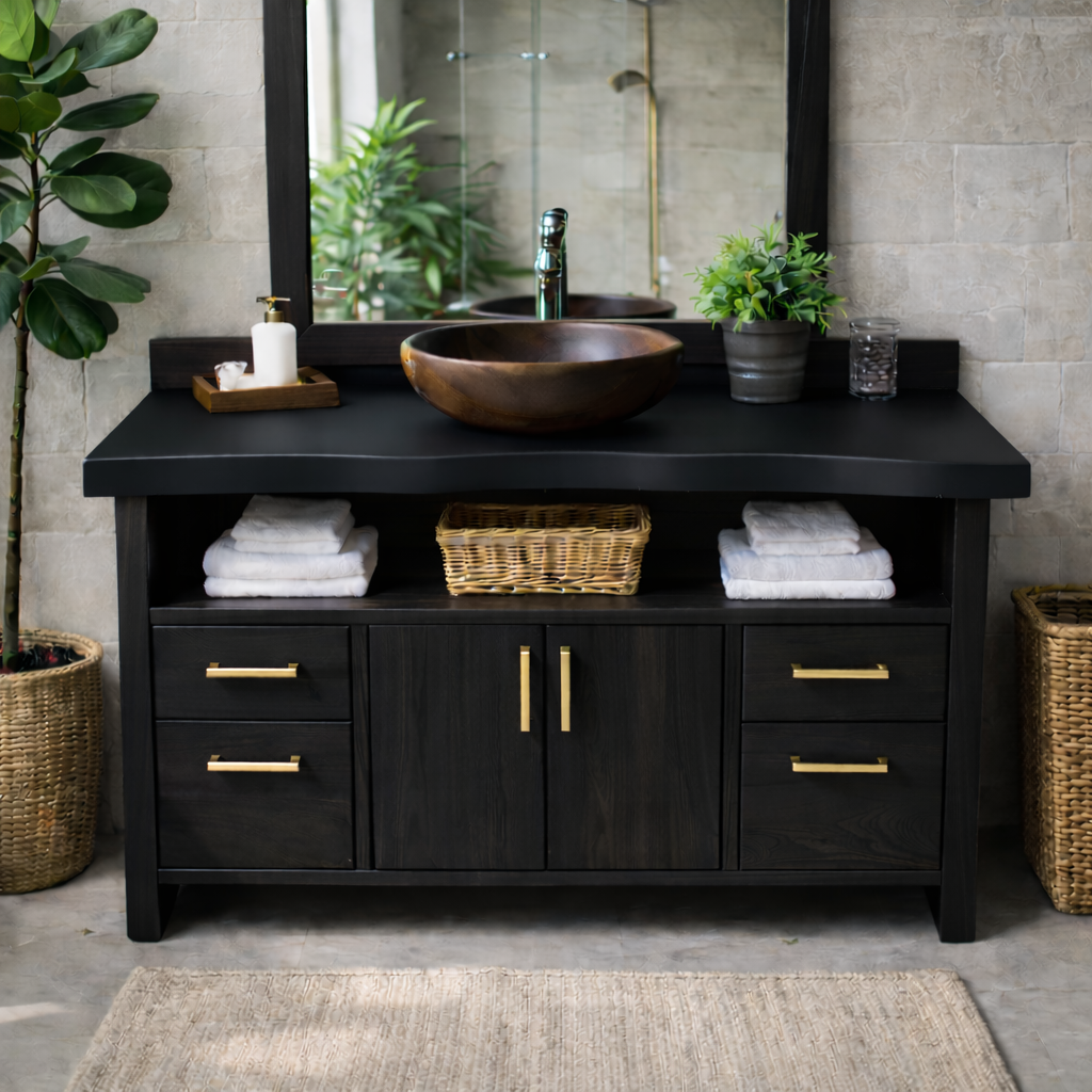 Live Edge Solid Wood Bathroom Vanity with Four Drawers, Double Cabinet Doors and Open Shelf