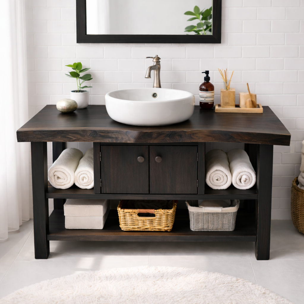 Live Edge Solid Wood Bathroom Vanity with Open Shelves and Storage Cabinet – Rustic Modern Bathroom Vanity