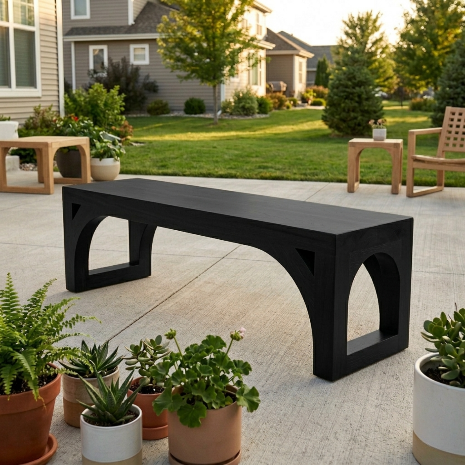 Solid Wood Outdoor Bench with Arched Base and Minimalist Rectangular Design