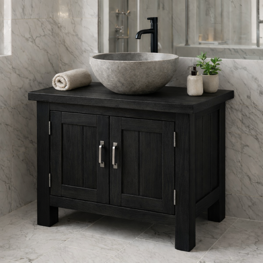 Solid Wood Bathroom Vanity with Double Cabinet Doors for Modern Rustic Spaces