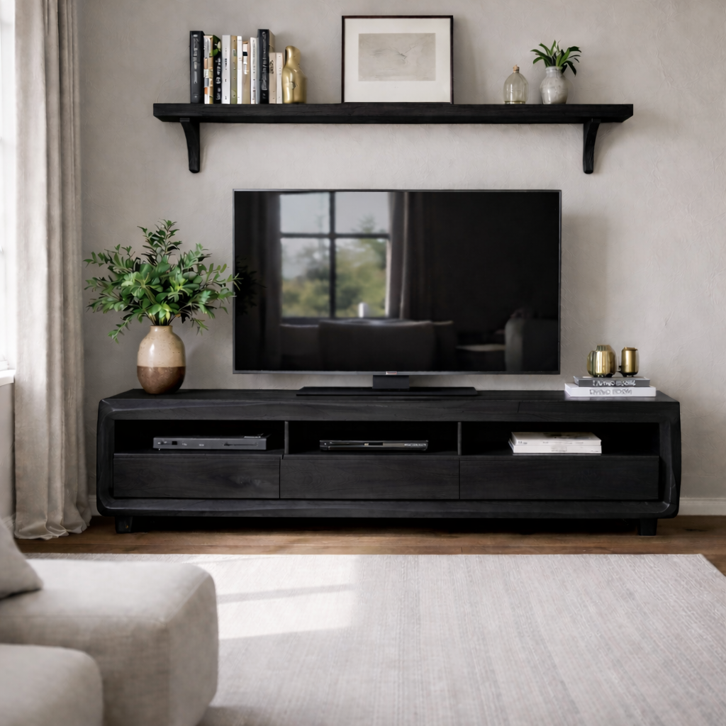 Solid Wood TV Stand with Drawers and Open Shelf – Rustic Modern Wooden Media Console