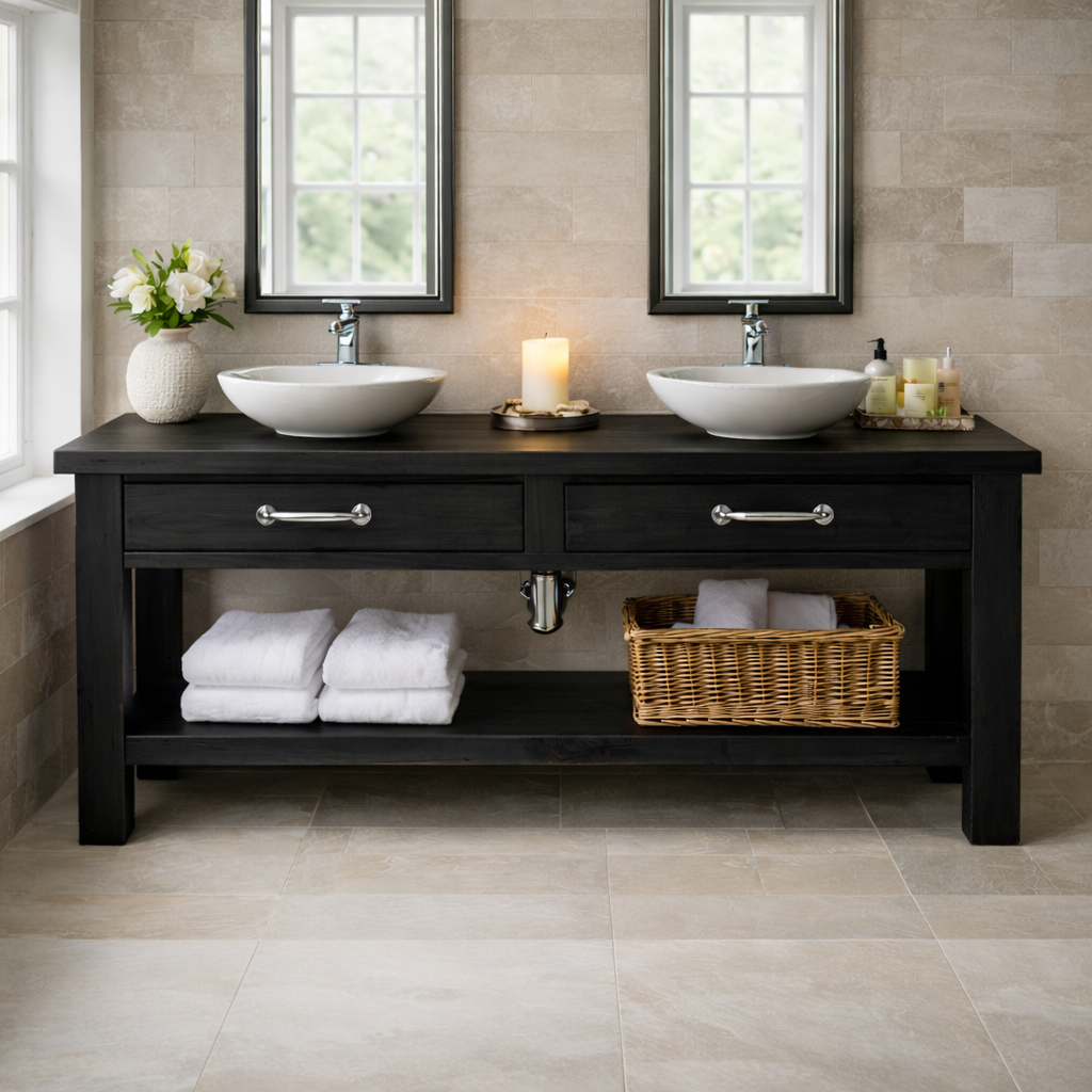 Solid Wood Double Bathroom Vanity with Drawers and Open Shelf Storage