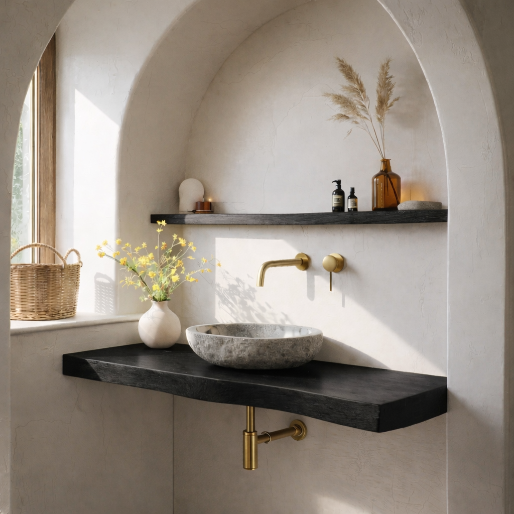 Solid Wood Floating Bathroom Vanity Shelf with Rustic Natural Finish