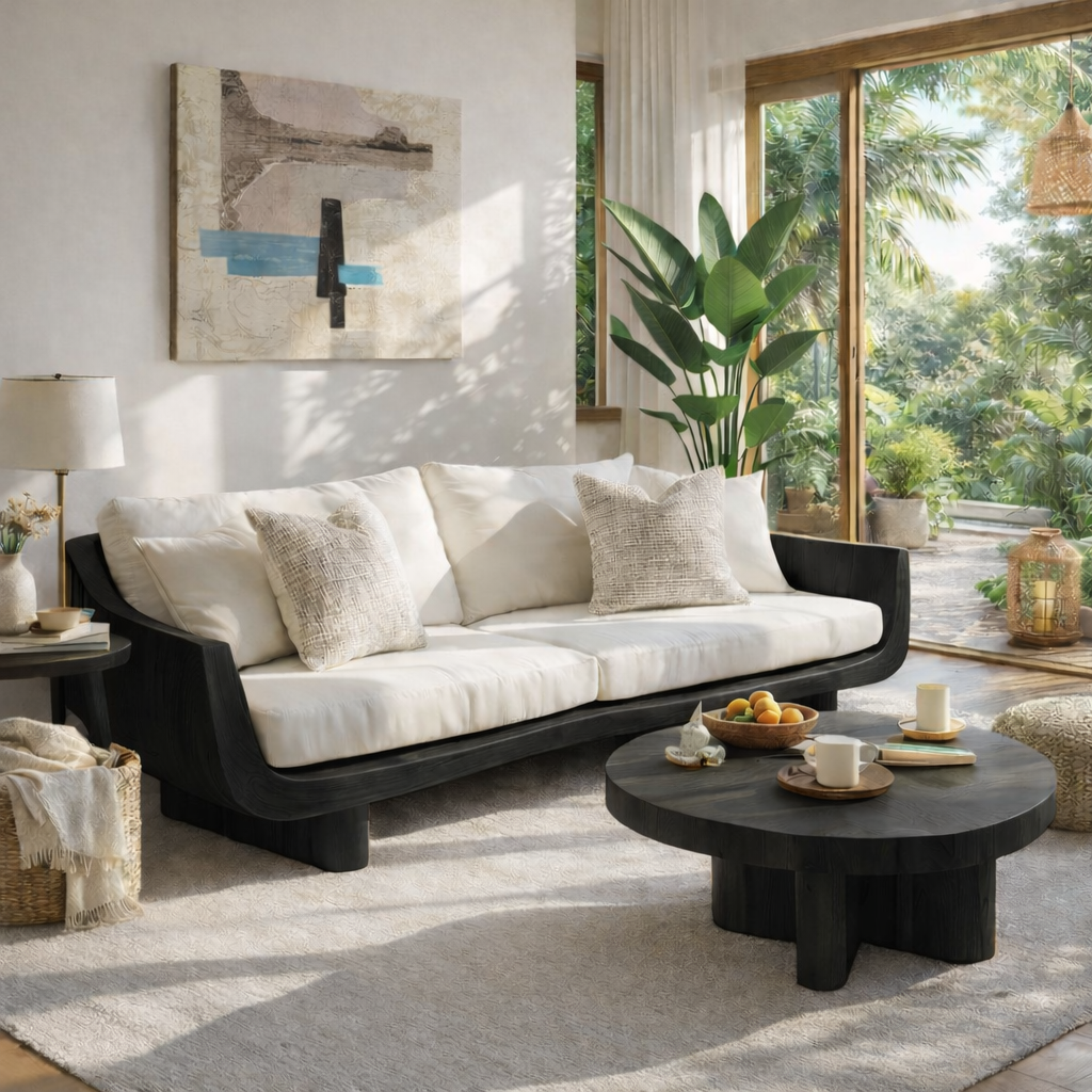 Solid Wood Curved Arm Sofa Organic Modern Style