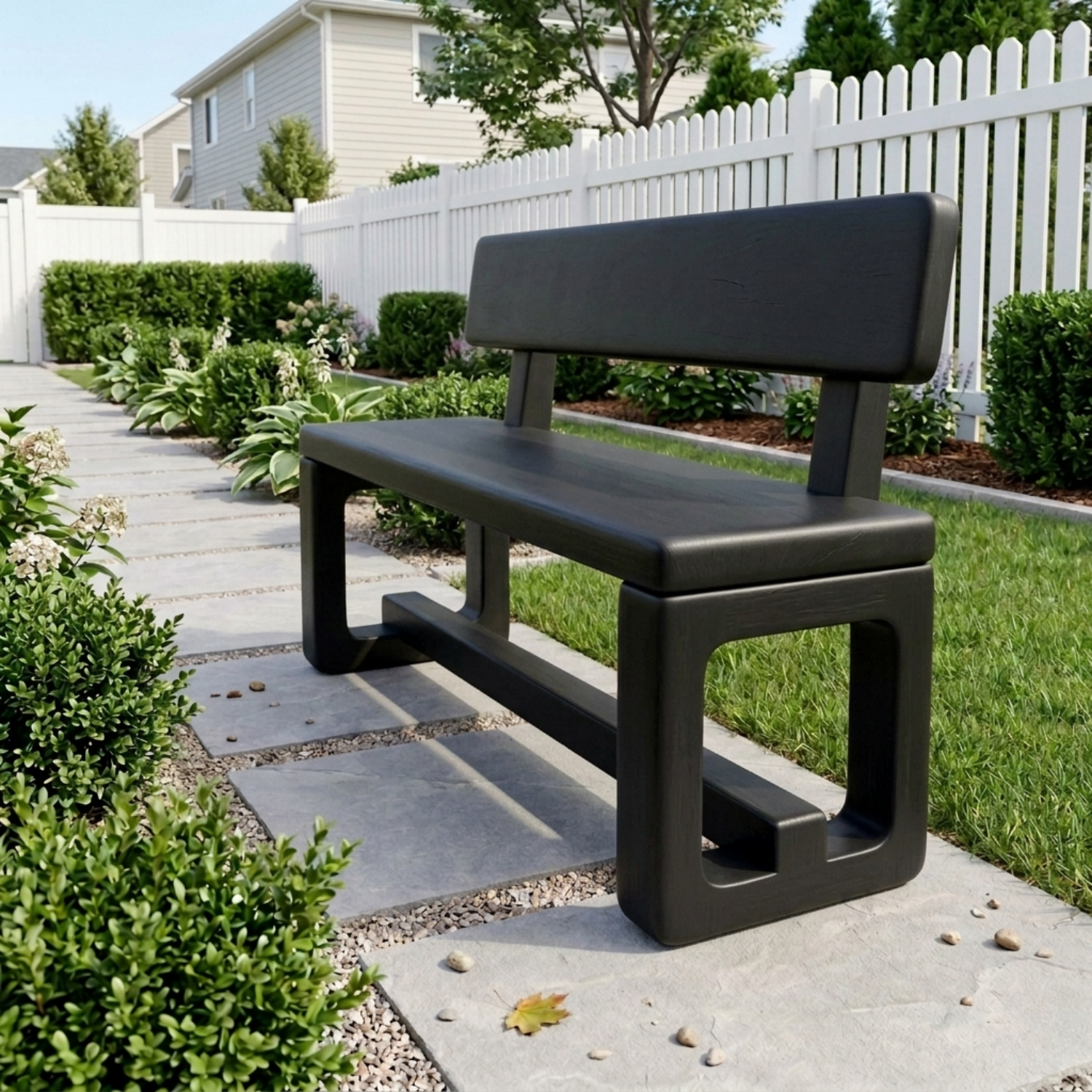 Solid Wood Outdoor Bench with Backrest and Modern Geometric Frame