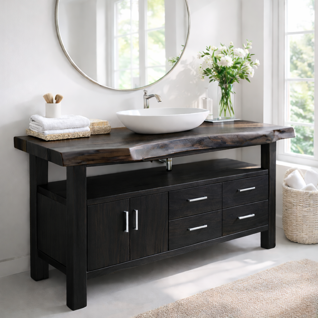 Live Edge Solid Wood Bathroom Vanity with Double Cabinet Doors, Four Drawers and Open Shelf