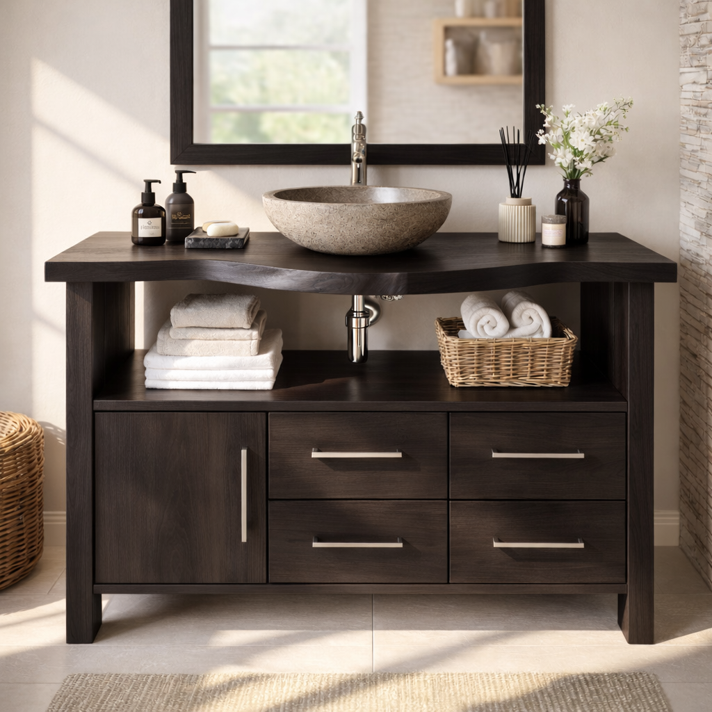 Live Edge Solid Wood Bathroom Vanity with Single Cabinet Door, Four Drawers and Open Shelf for Modern Farmhouse