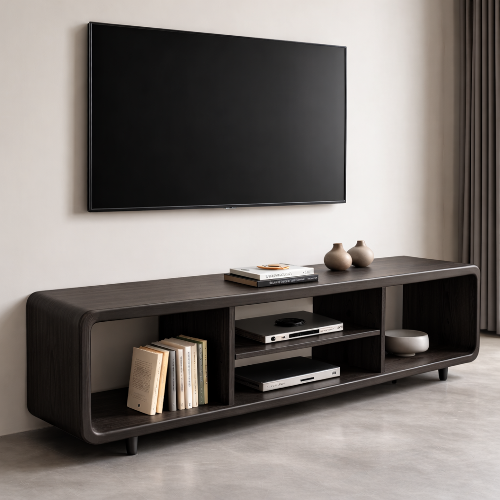 Solid Wood TV Stand with Open Shelves for Minimalist Interiors
