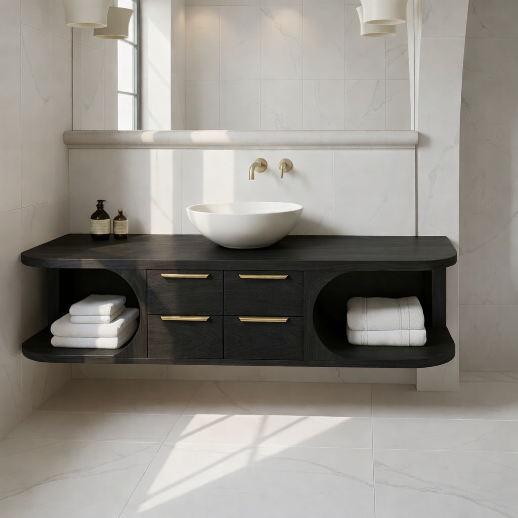 Floating Solid Wood Bathroom Vanity with Drawers and Open Shelves for Contemporary Bathrooms