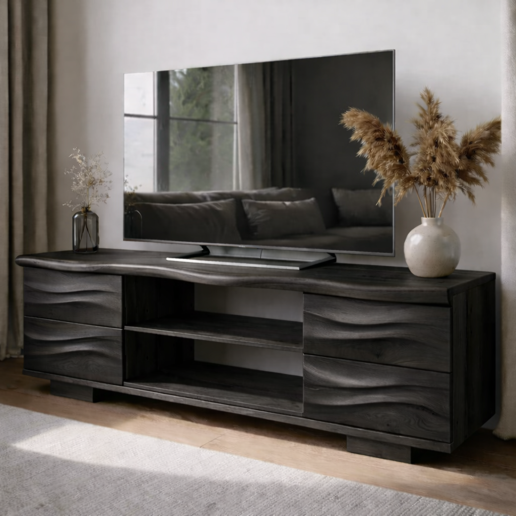 Solid Wood TV Stand with Drawers and Open Shelves for Natural Style Interiors