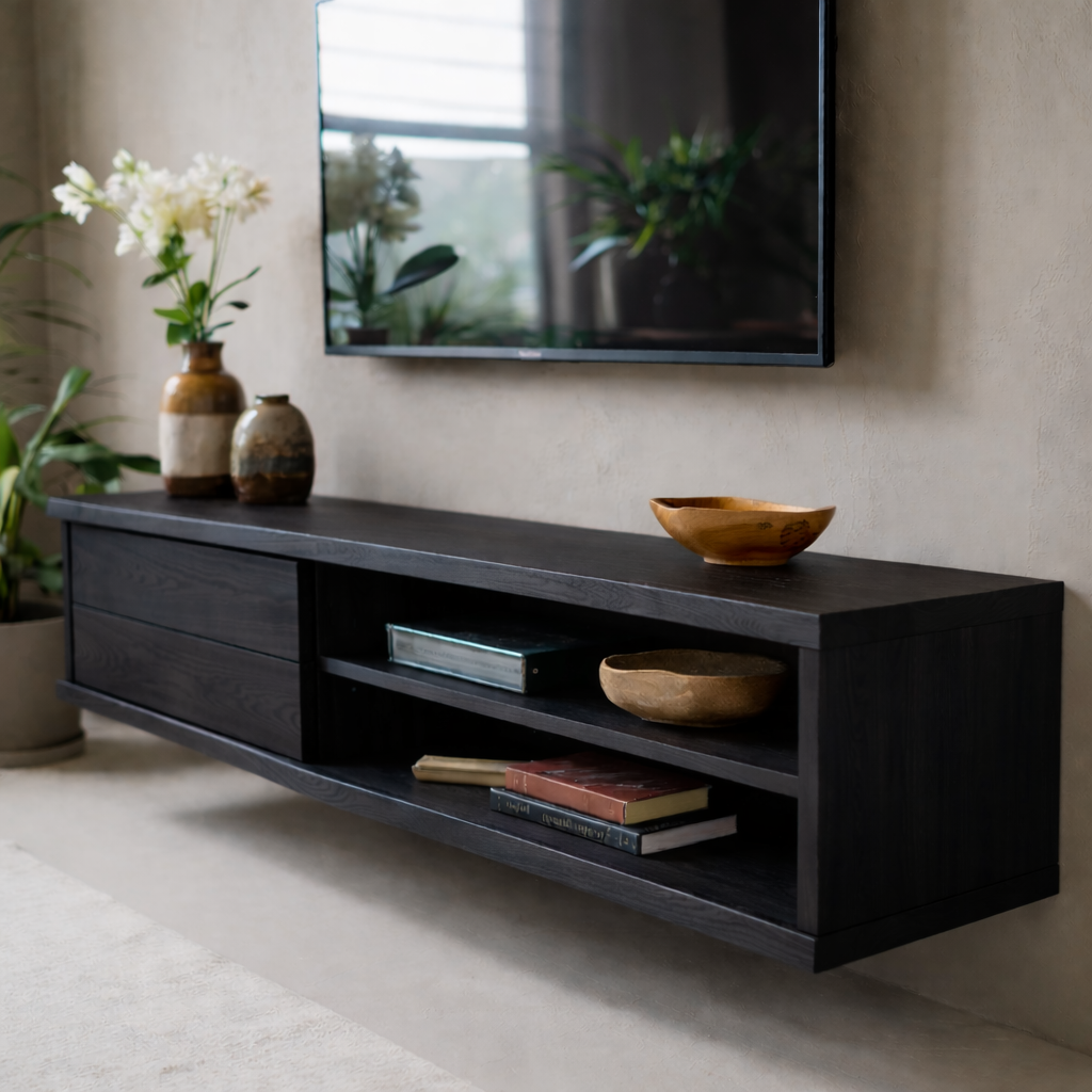 Floating Solid Wood TV Stand with Drawer and Open Shelves for Modern Living Rooms
