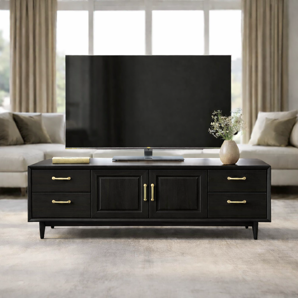 Mid-Century Solid Wood TV Stand with Drawers and Cabinet Storage