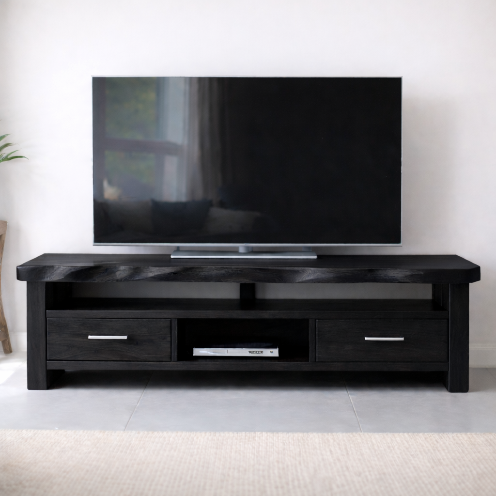 Solid Wood TV Stand with Drawers and Open Media Shelf