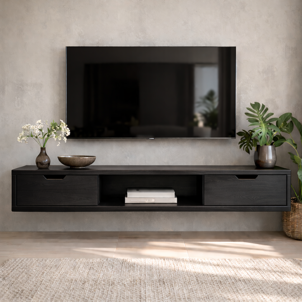 Floating Walnut Wood TV Stand with Drawers and Open Media Shelf
