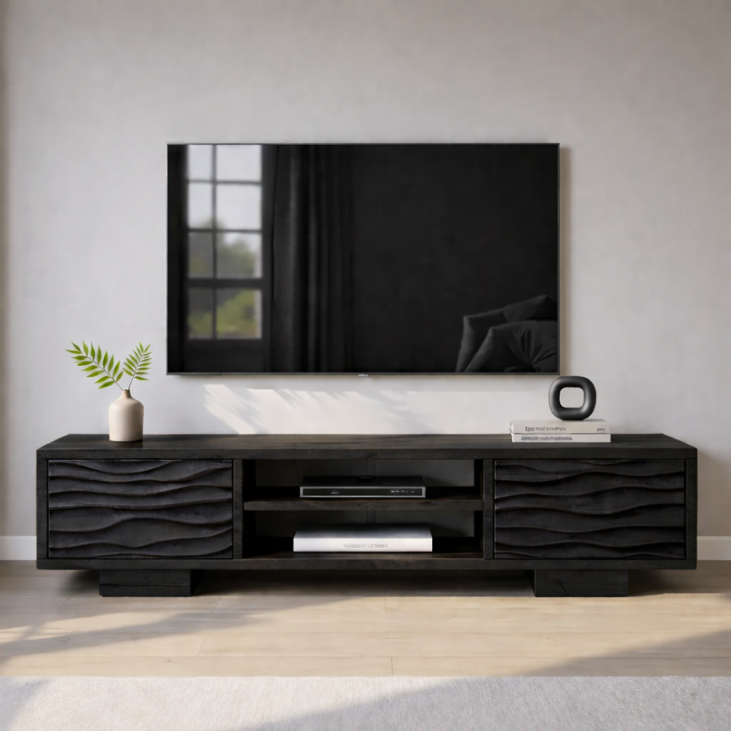 Modern Solid Wood TV Stand with Wave Front Drawers and Open Media Shelf