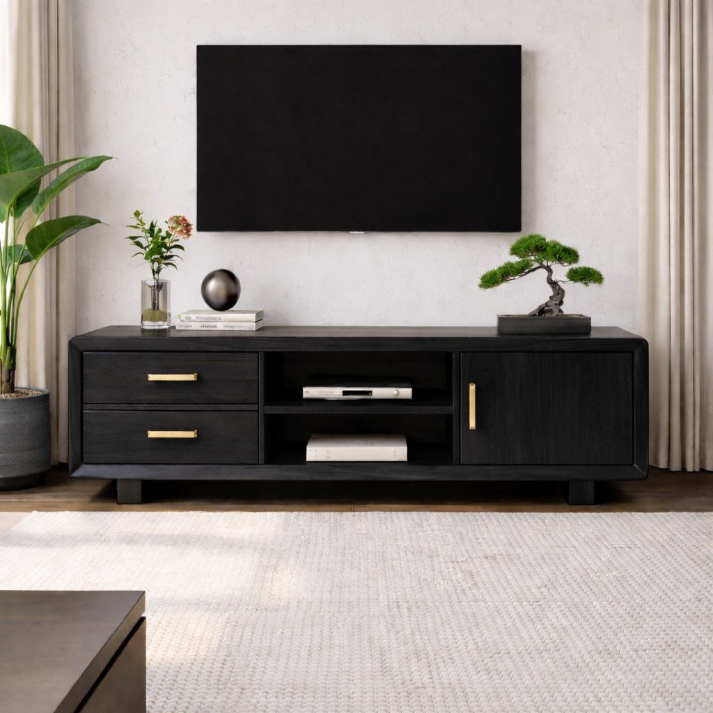 Modern Soild Wood TV Stand with Drawers, Cabinet Door, and Open Media Shelves