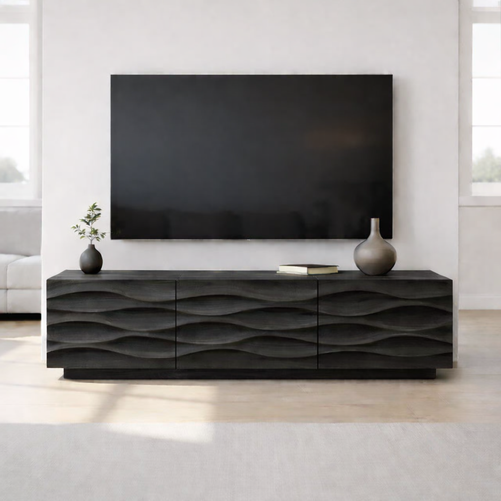 Modern Solid Wood TV Stand with Wave Front Design, Walnut Finish Media Console Cabinet