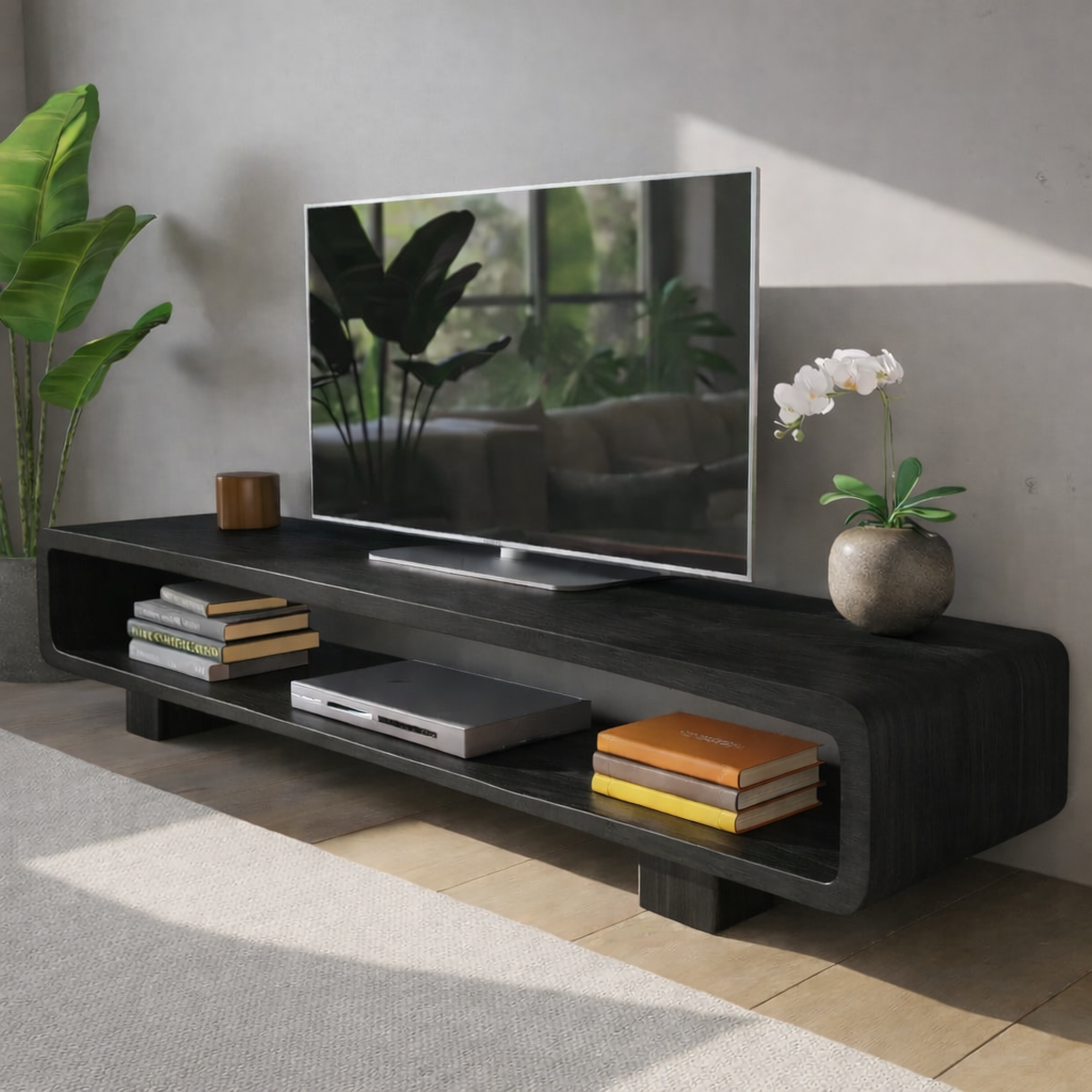 Modern Solid Oak TV Stand with Open Shelf Storage, Minimalist Wooden Media Console