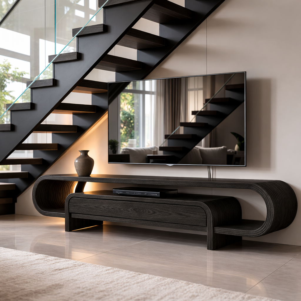Curved Solid Wood TV Stand with Drawer and Shelf, Modern Walnut Media Console Table