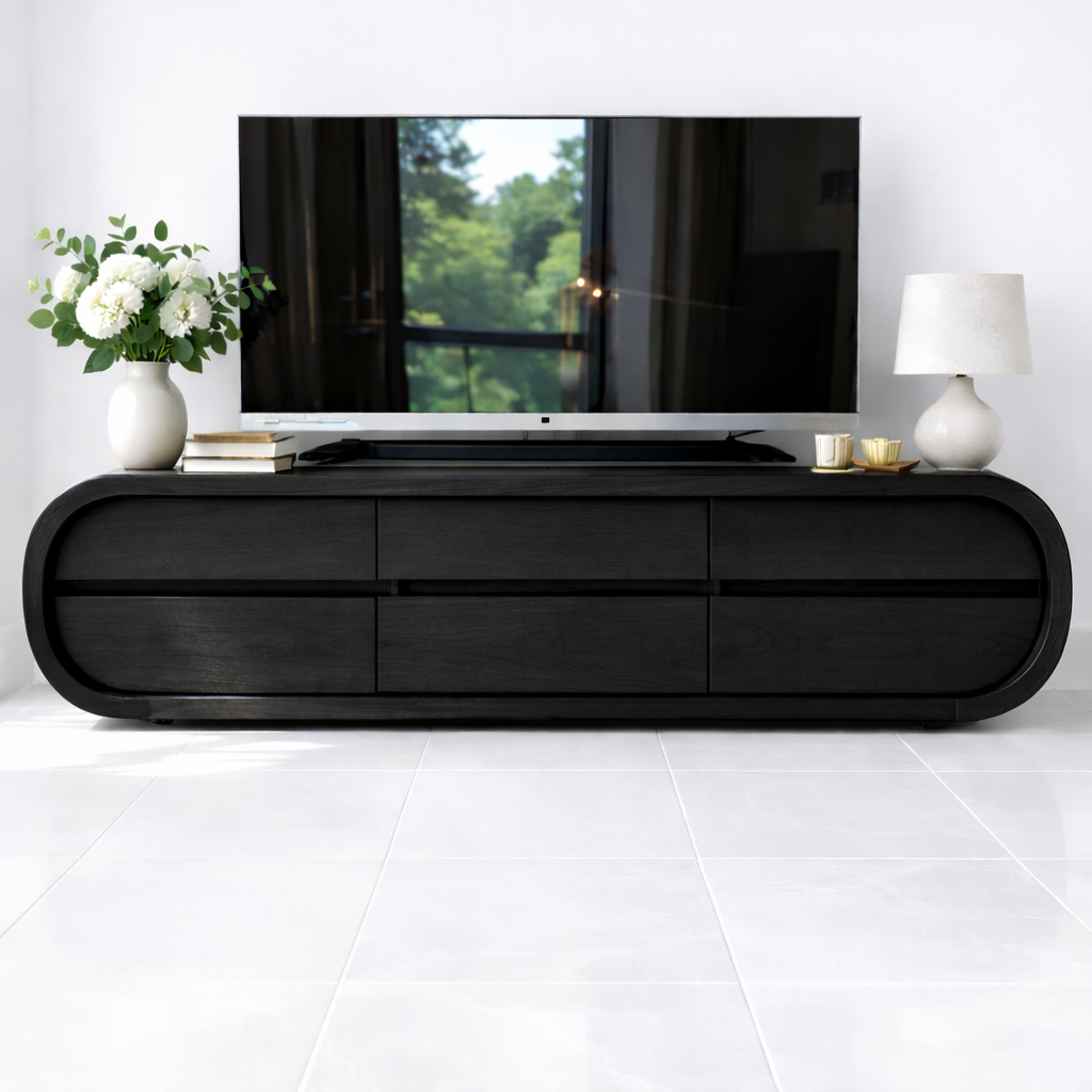 Solid Wood TV Stand with Drawers, Curved Modern Media Console Cabinet for Living Room
