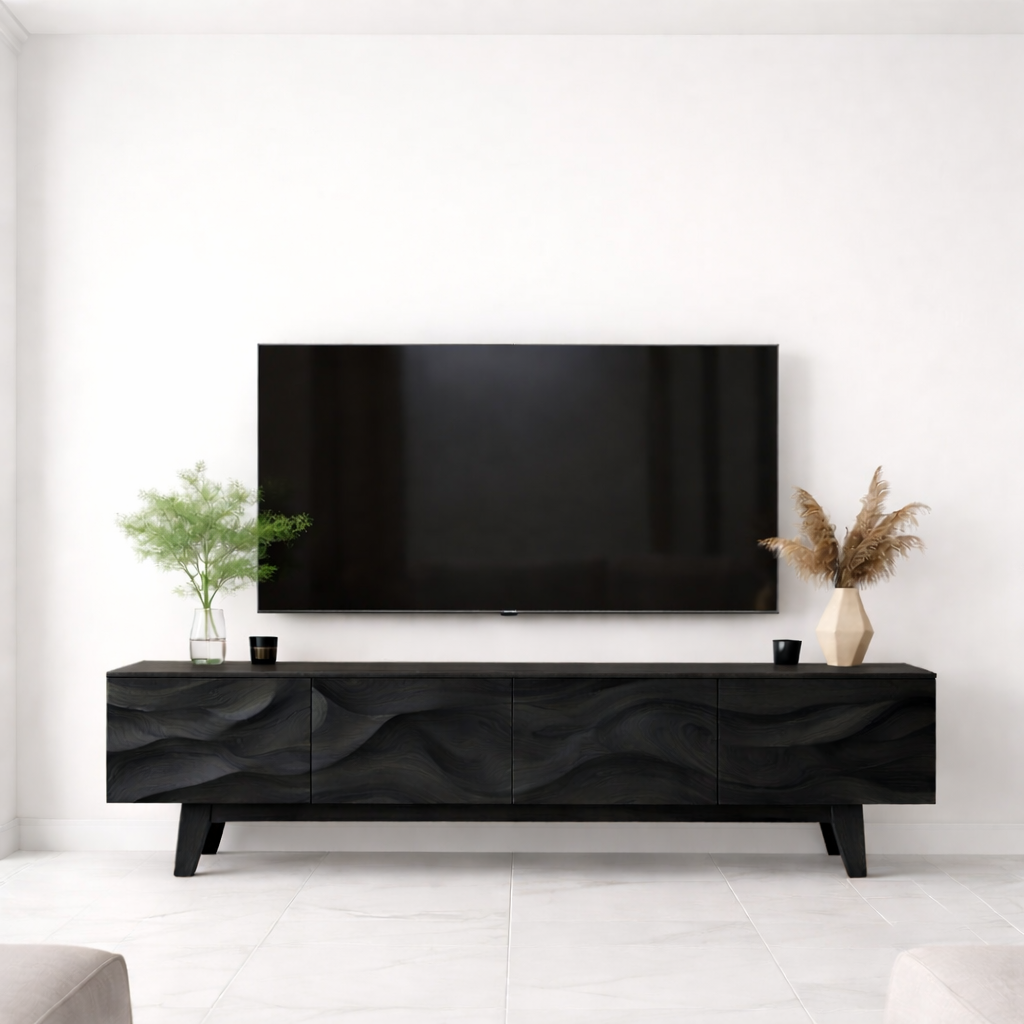 Wave Pattern Solid Wood TV Stand with Storage, Modern Media Console for Living Room