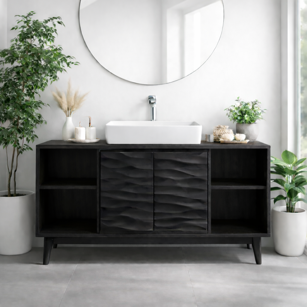 Mid-Century Solid Wood Bathroom Vanity with Textured Cabinet Doors and Open Shelving
