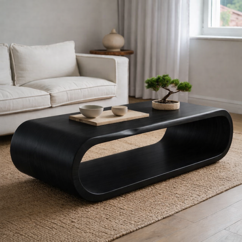 Sculptural Walnut Coffee Table with Curved Design and Open Shelf, Modern Living Room Decor