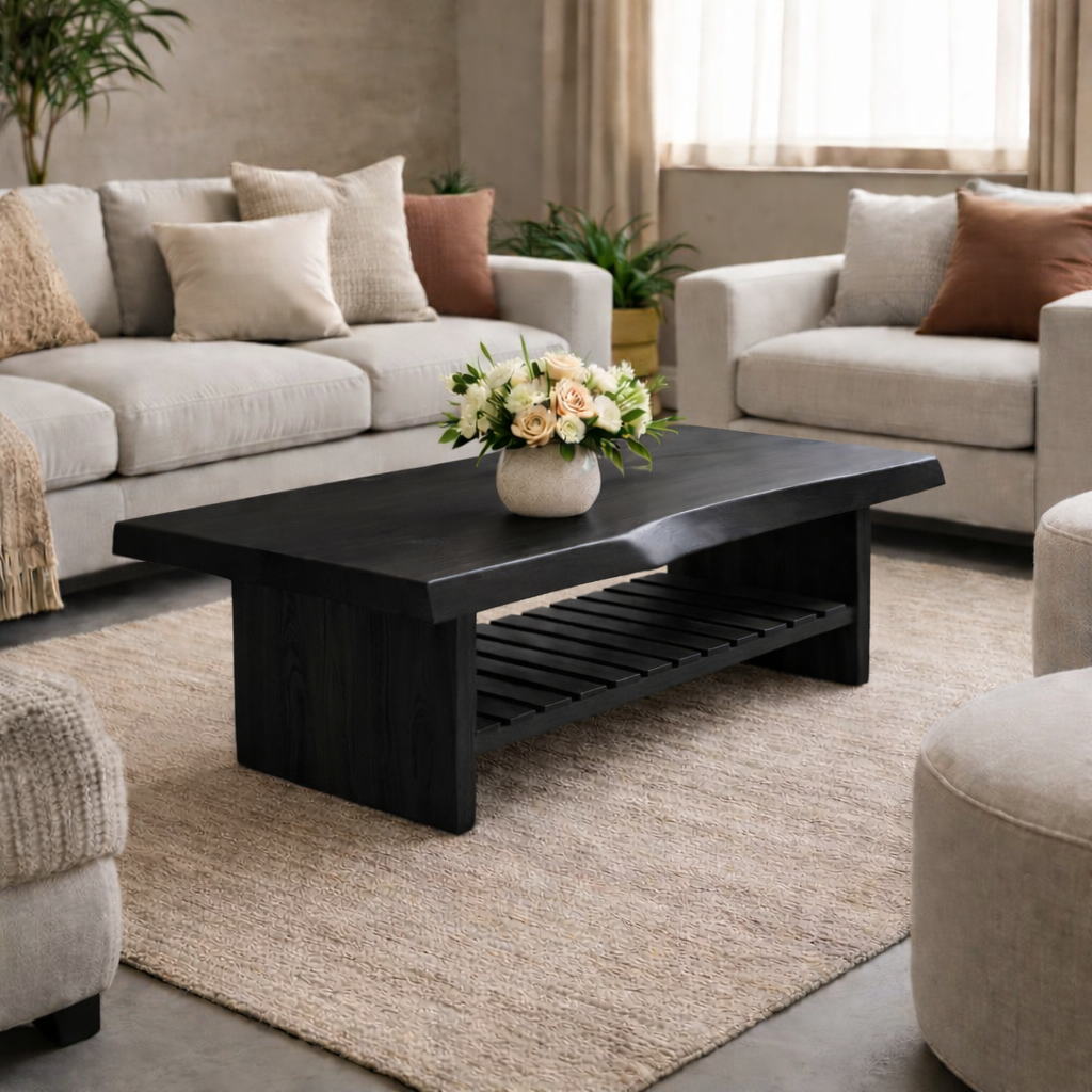 Live Edge Walnut Coffee Table with Slatted Shelf, Natural Modern Design for Living Room