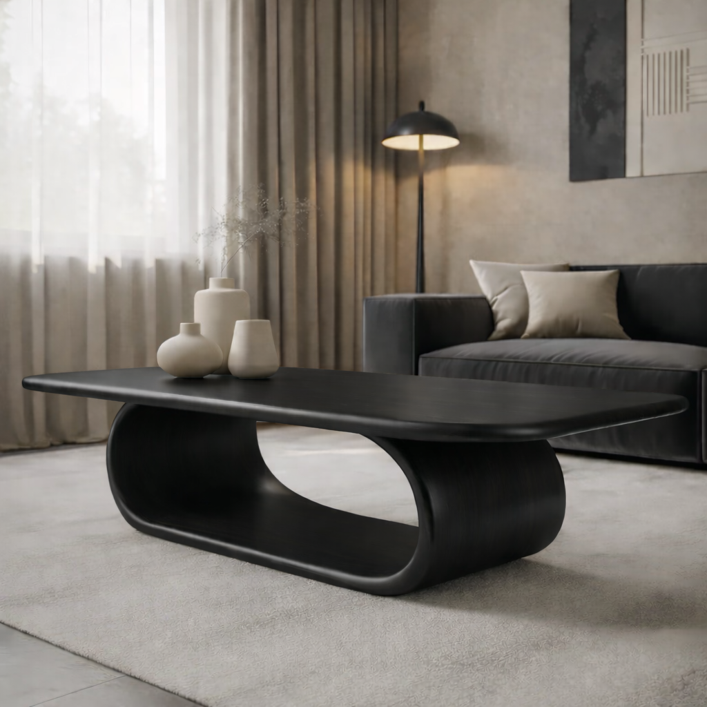 Sculptural Walnut Coffee Table with Curved Design and Open Shelf, Modern Living Room Décor