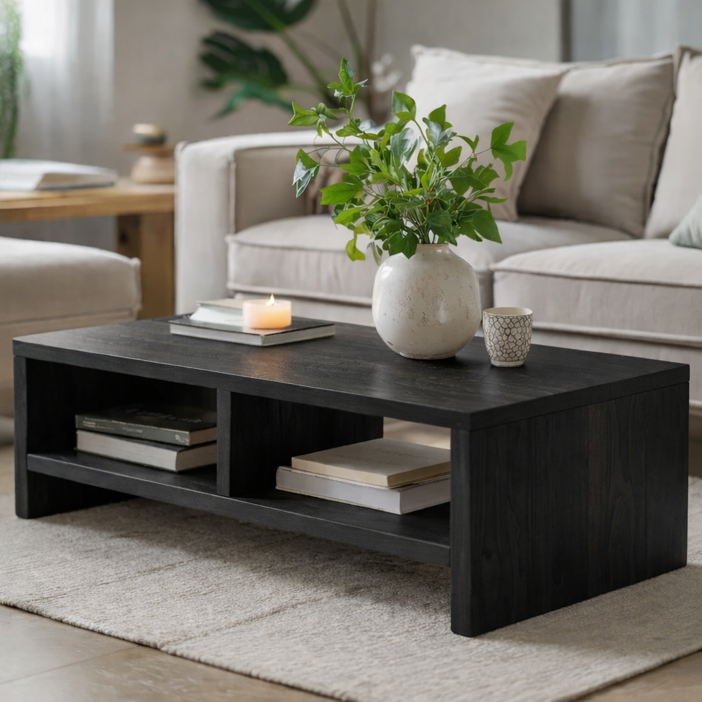 Solid Wood Coffee Table with Open Storage, Rustic Design for Living Room and Décor
