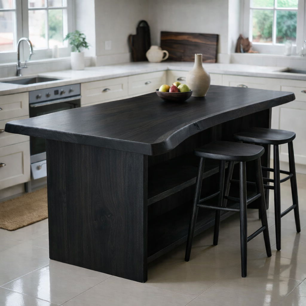 Live Edge Solid Wood Kitchen Island with Open Shelf Storage and Seating Bar Table