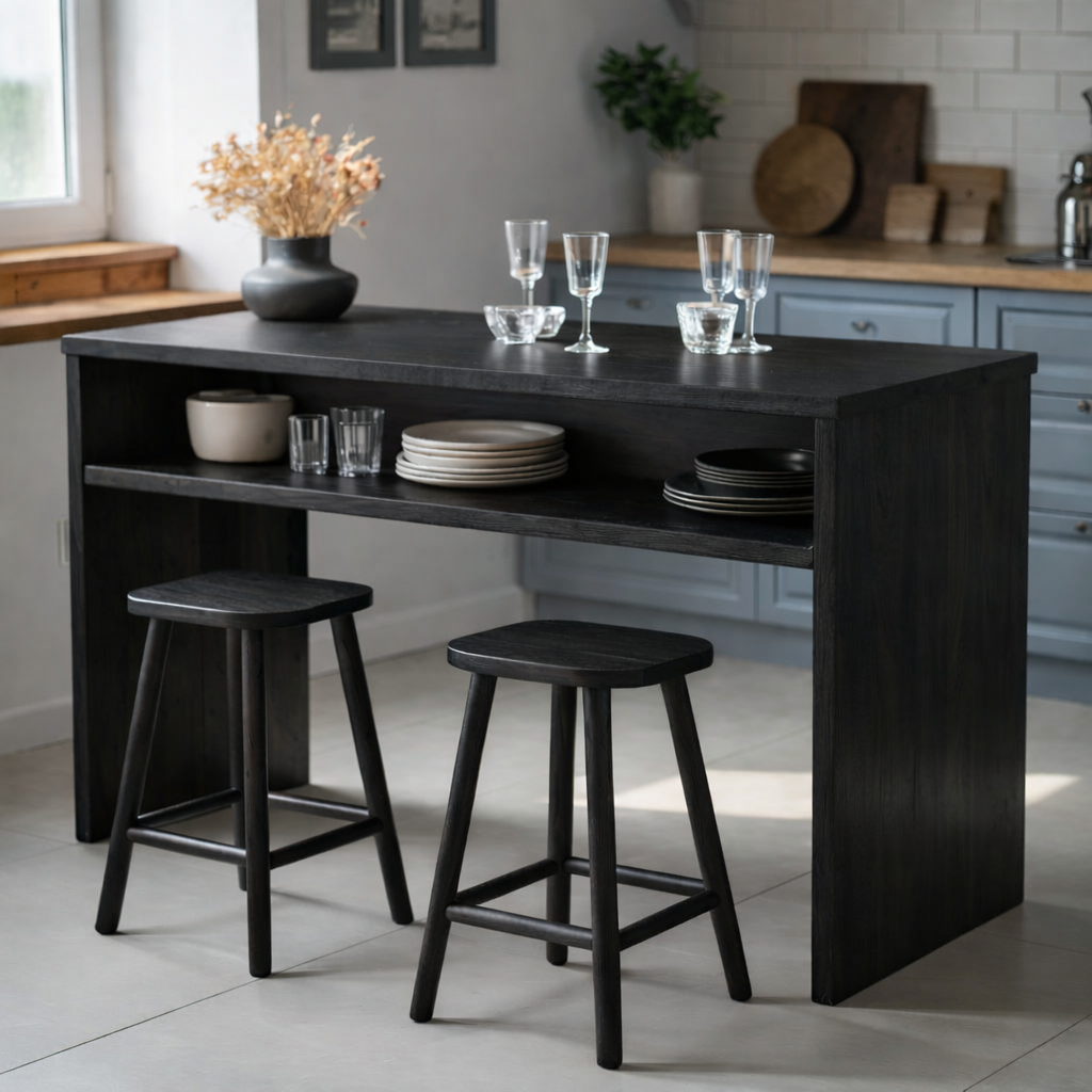 Modern Solid Wood Kitchen Island with Open Shelf Storage and Breakfast Bar Table
