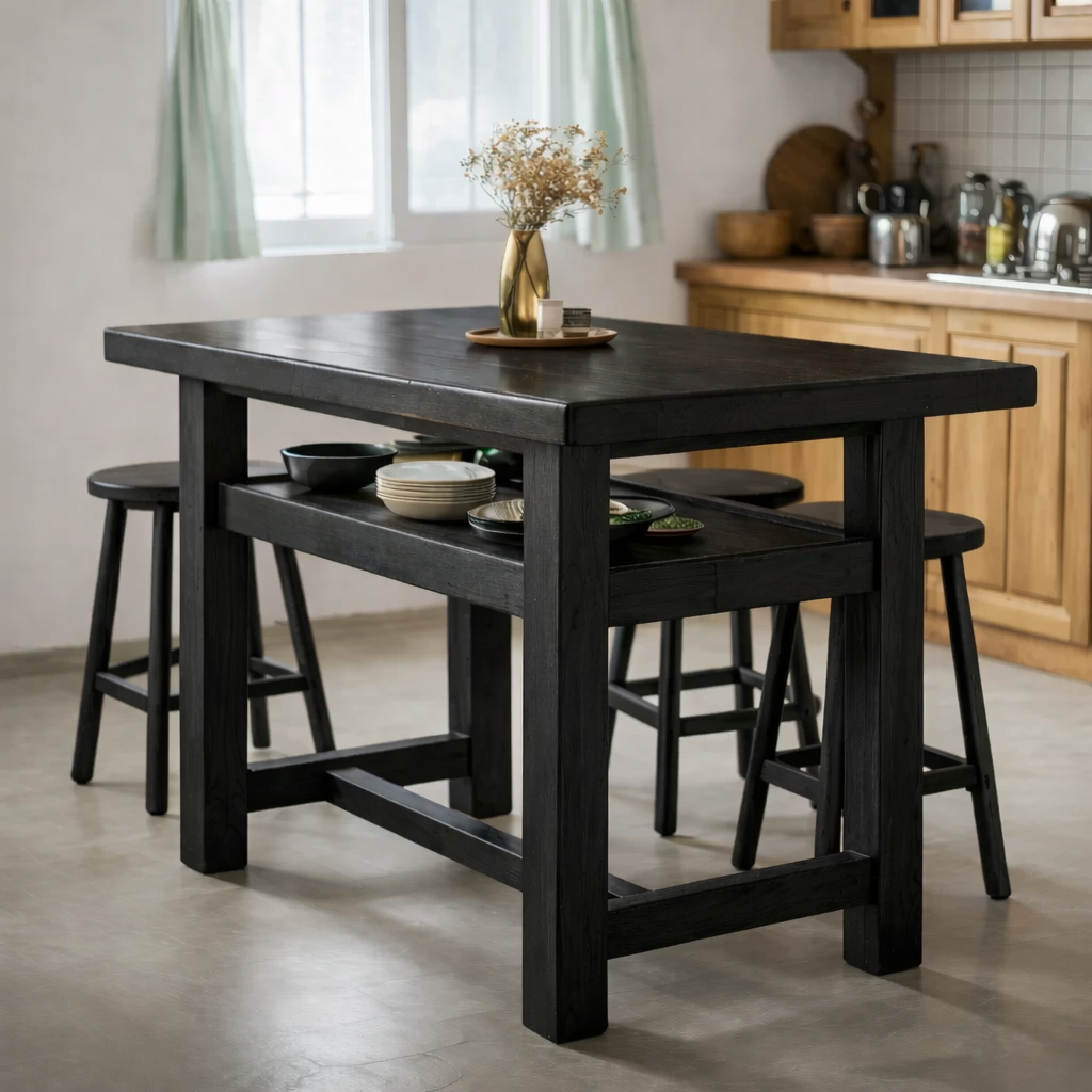 Solid Wood Kitchen Island Table with Open Shelf Storage and Spacious Prep Surface
