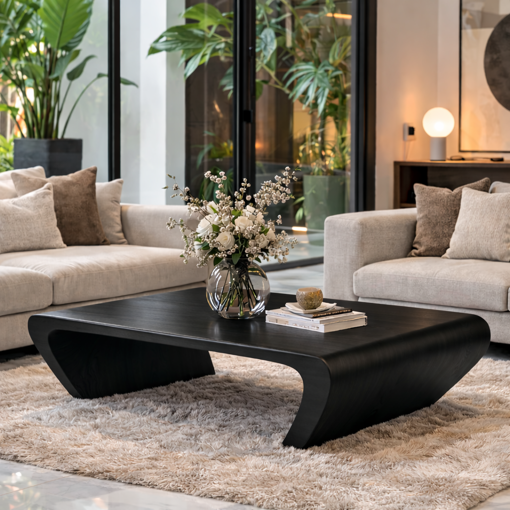 Modern Solid Wood Coffee Table with Sculptural Curved Base Minimalist Living Room Table