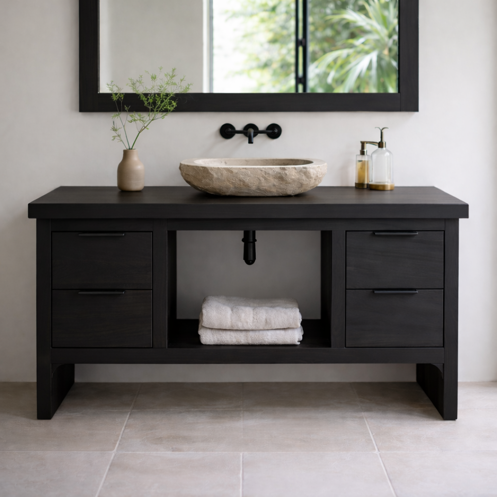 Rustic Soild Wood Bathroom Vanity with Drawers and Open Shelf for Contemporary