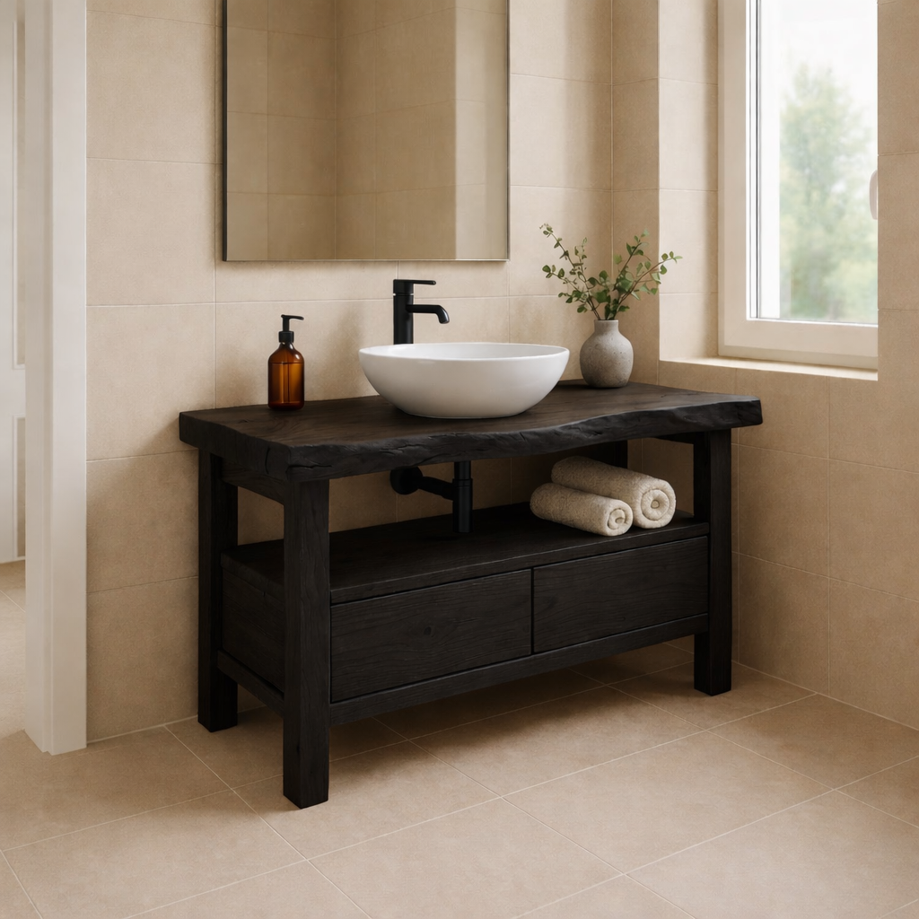 Handcrafted Solid Wood Bathroom Vanity with Dual Drawers and Open Shelf for Minimalist Bathrooms