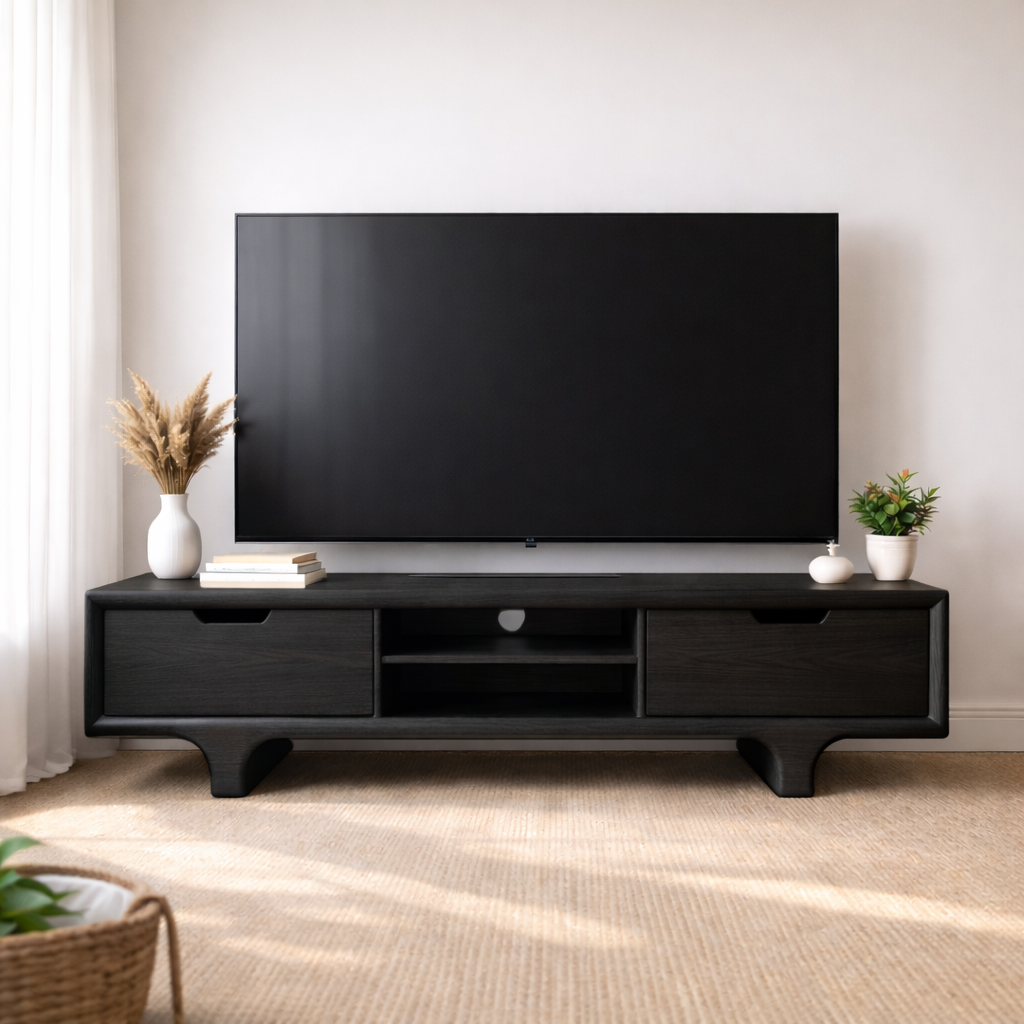 Mid Century Walnut Wood TV Stand with Drawers – Solid Wood Media Console Cabinet